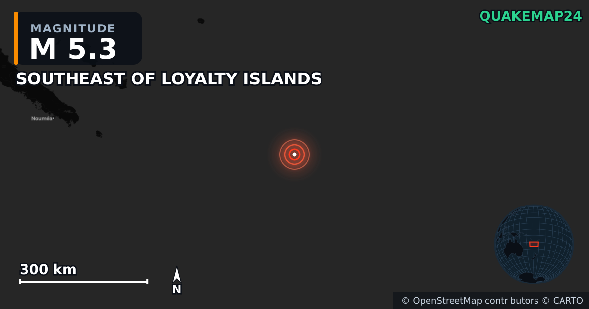 M5.3 earthquake near SOUTHEAST OF LOYALTY ISLANDS on Jul 18, 2025 — map of epicenter and shaking intensity | QuakeMap24