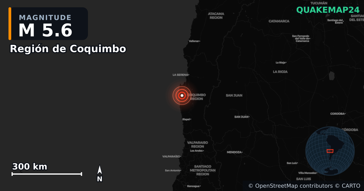 M5.6 earthquake near Región de Coquimbo on Oct 15, 2025 — map of epicenter and shaking intensity | QuakeMap24