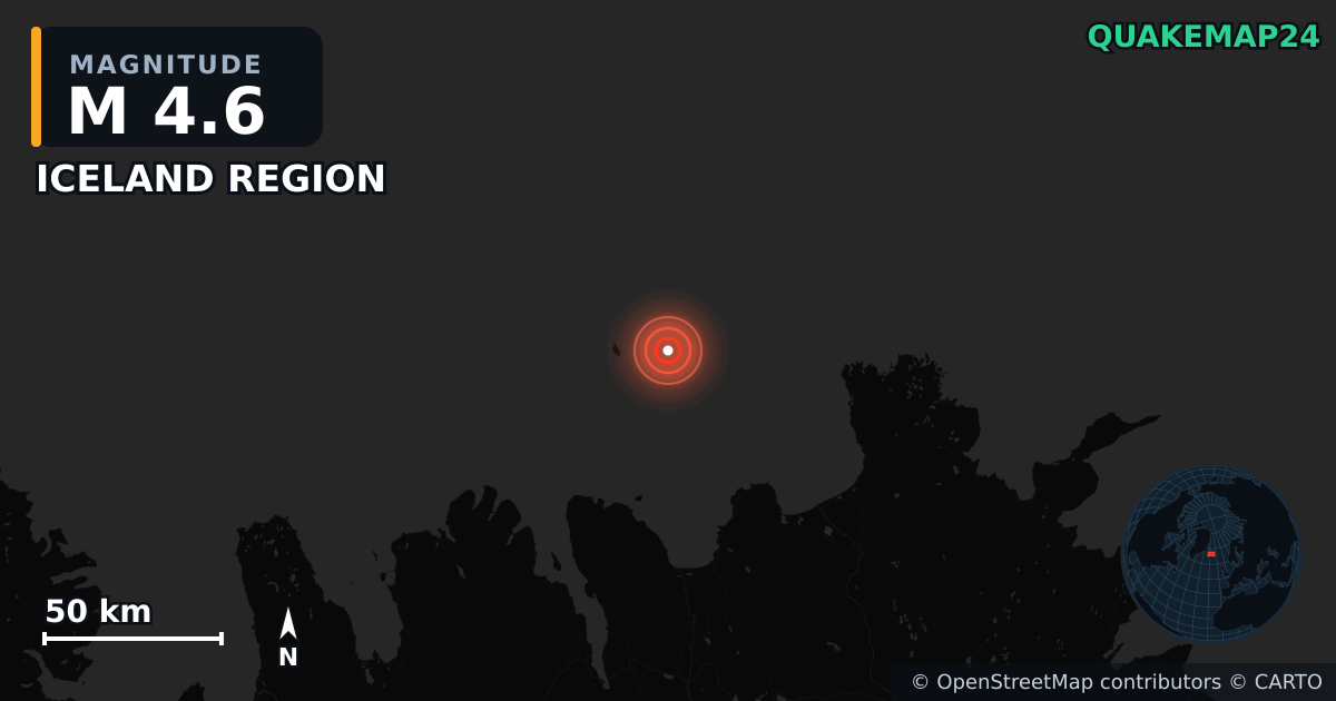 M4.6 earthquake near ICELAND REGION on May 14, 2025 — map of epicenter and shaking intensity | QuakeMap24