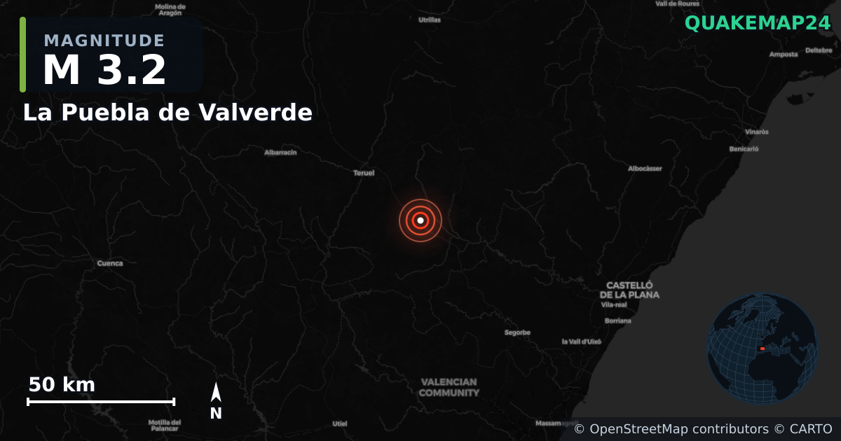 M3.2 Earthquake near La Puebla de Valverde, Aragon (Spain) · 2026-09-24 — Map showing the location of the epicenter