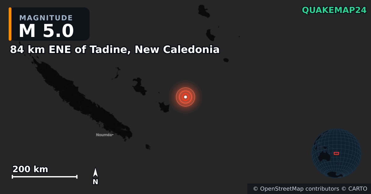 M5.0 Earthquake near 84 km ENE of Tadine, New Caledonia · 2026-09-26 — Map showing the location of the epicenter