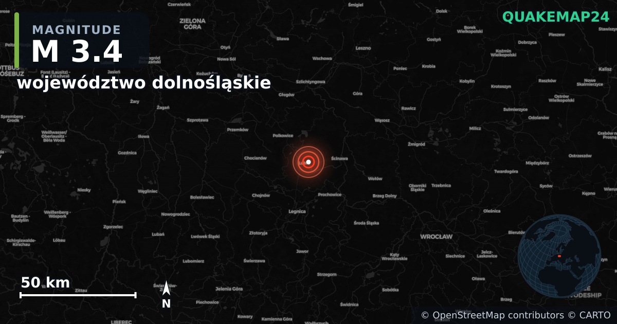 M3.4 earthquake near województwo dolnośląskie on Nov 28, 2025 — map of epicenter and shaking intensity | QuakeMap24