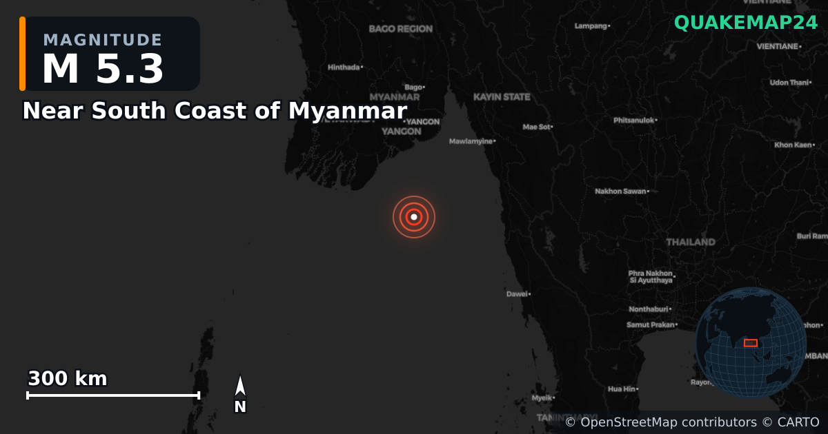 M5.3 earthquake near Near South Coast of Myanmar on Aug 30, 2025 — map of epicenter and shaking intensity | QuakeMap24