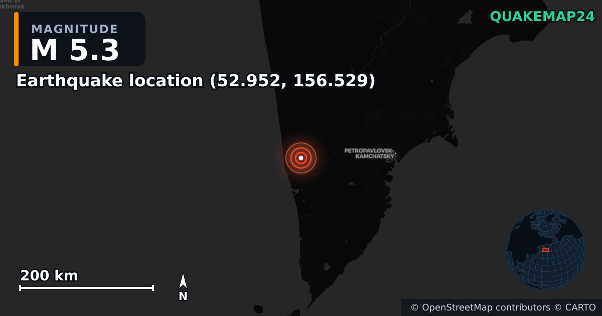 M5.3 earthquake near Deprem konumu (52.952, 156.529) on Sep 3, 2025 — map of epicenter and shaking intensity | QuakeMap24