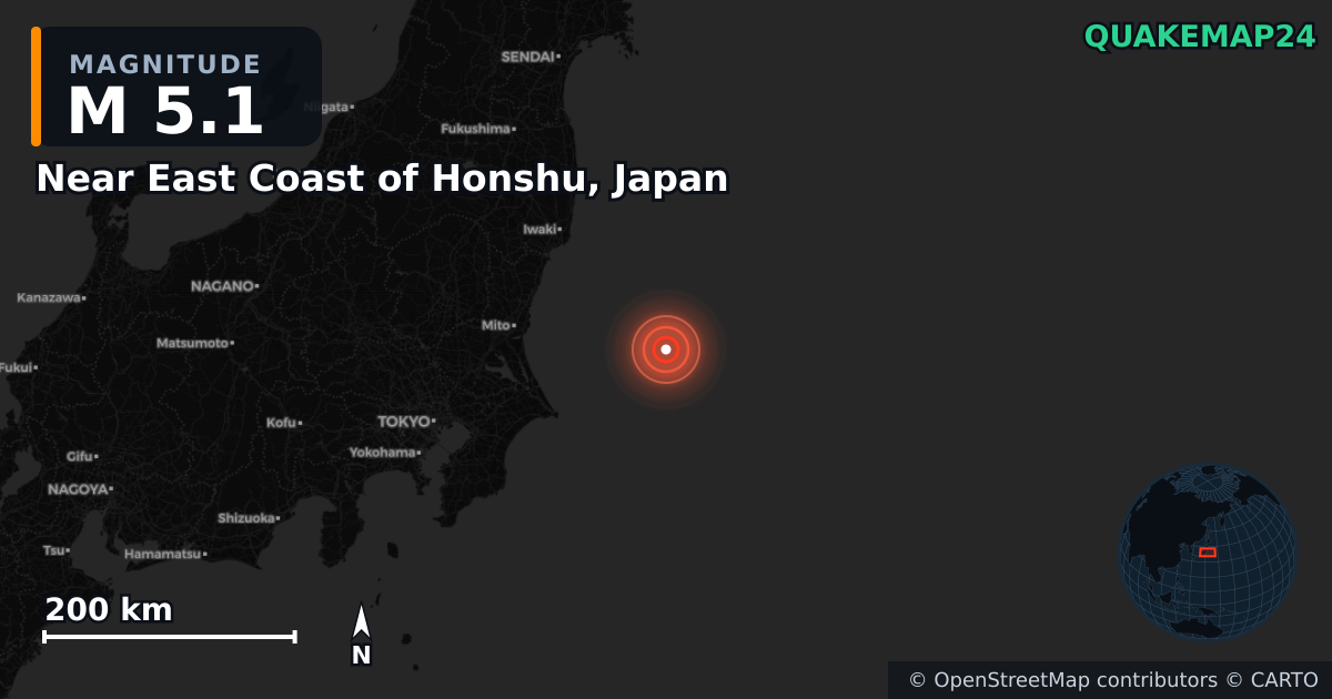 M5.1 earthquake near Near East Coast of Honshu, Japan on Nov 13, 2025 — map of epicenter and shaking intensity | QuakeMap24