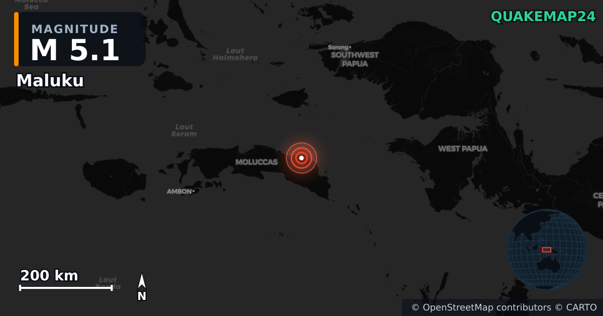 M5.1 earthquake near Maluku on Jul 23, 2025 — map of epicenter and shaking intensity | QuakeMap24