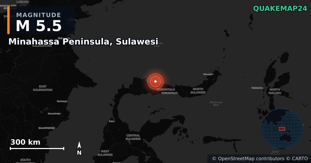 M5.5 earthquake near Minahassa Peninsula, Sulawesi on Feb 19, 2026 — map of epicenter and shaking intensity | QuakeMap24