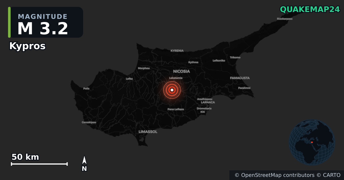 M3.2 earthquake near Kypros on Dec 6, 2025 — map of epicenter and shaking intensity | QuakeMap24