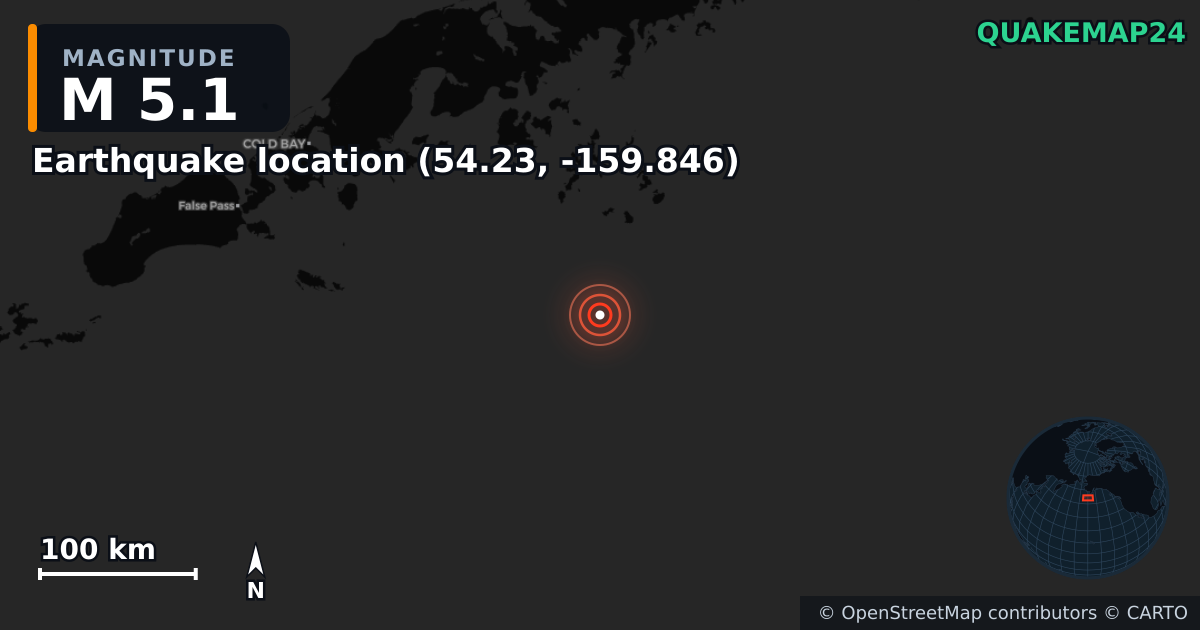 M5.1 earthquake near Erdbeben-Standort (54.23, -159.846) on Sep 6, 2025 — map of epicenter and shaking intensity | QuakeMap24