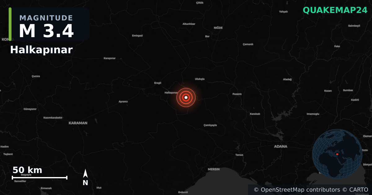 M3.4 earthquake near Halkapınar on Aug 18, 2026 — map of epicenter and shaking intensity | QuakeMap24
