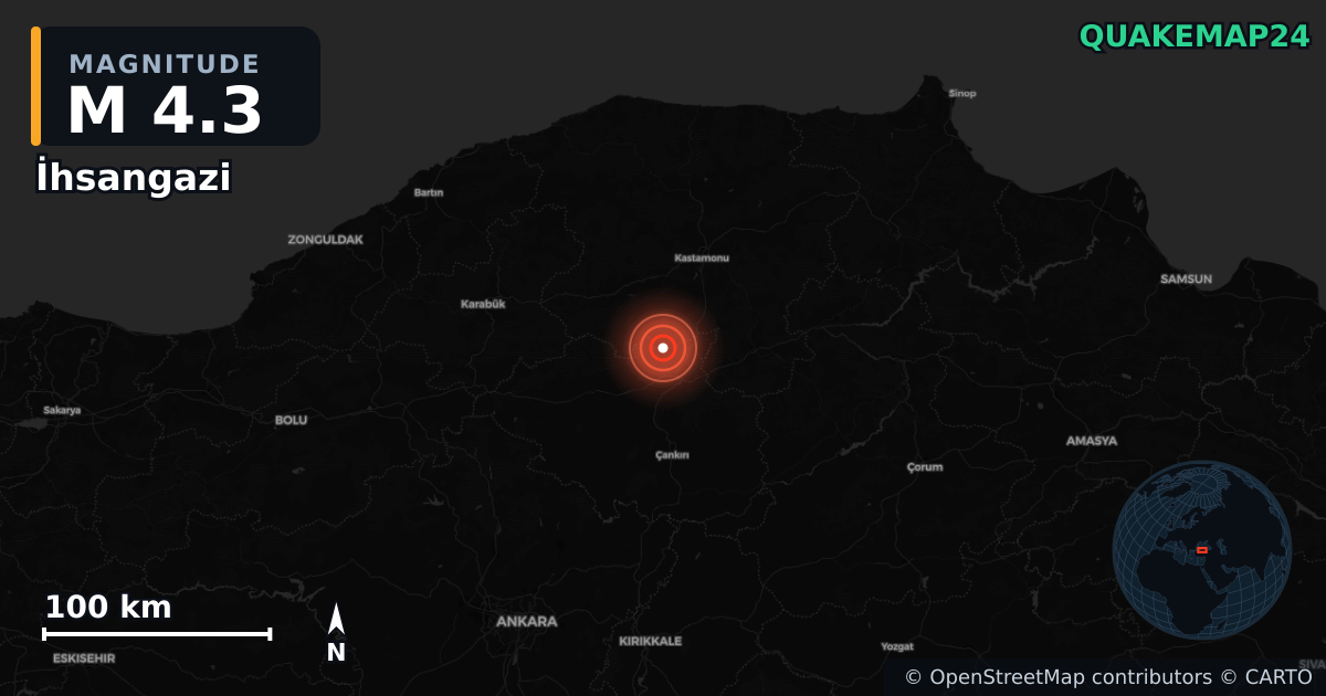 M4.3 earthquake near İhsangazi on Aug 21, 2026 — map of epicenter and shaking intensity | QuakeMap24
