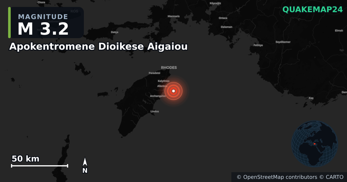 M3.2 earthquake near Apokentromene Dioikese Aigaiou on Jan 2, 2026 — map of epicenter and shaking intensity | QuakeMap24