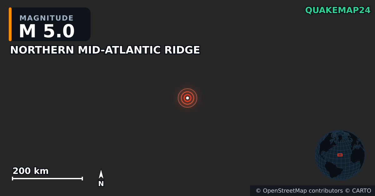 Erdbeben M5,0 bei NORTHERN MID-ATLANTIC RIDGE · 2025-09-21 — Karte der Lage des Epizentrums