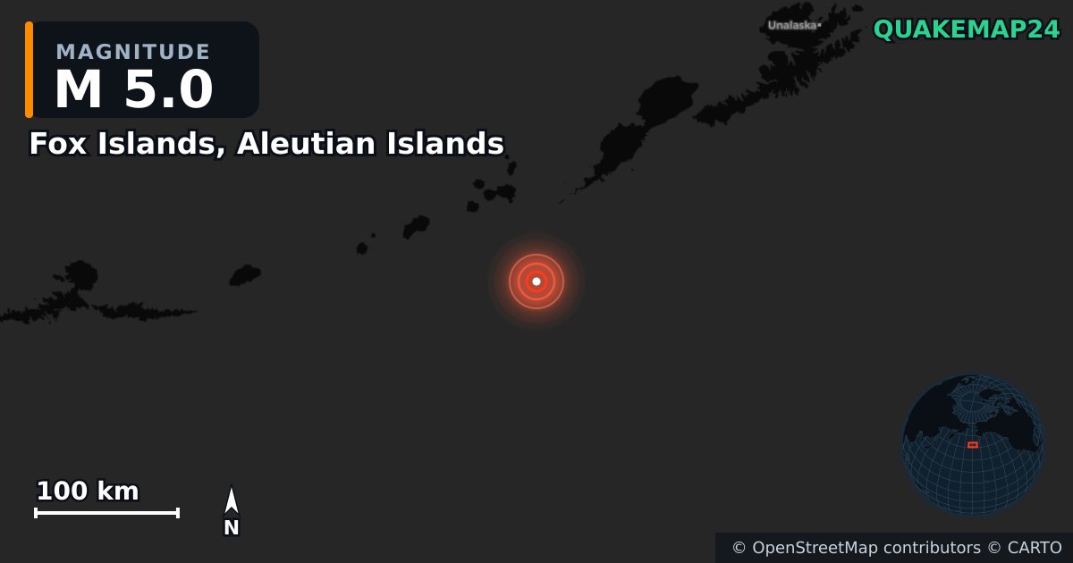Fox Islands, Aleutian Islands yakınında M5,0 deprem — Deprem merkez üssünün konumunu gösteren harita