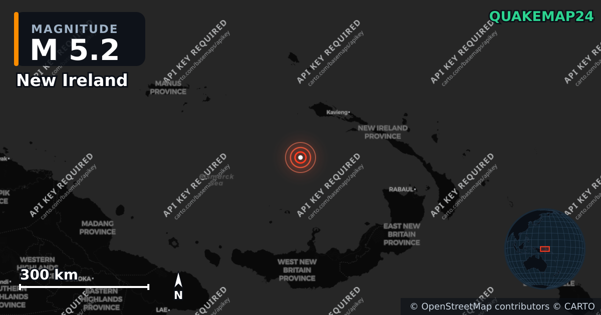 M5.2 earthquake near New Ireland on Mar 12, 2026 — map of epicenter and shaking intensity | QuakeMap24