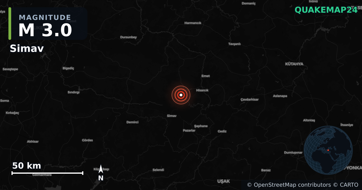 M3.0 earthquake near Simav on Sep 29, 2025 — map of epicenter and shaking intensity | QuakeMap24