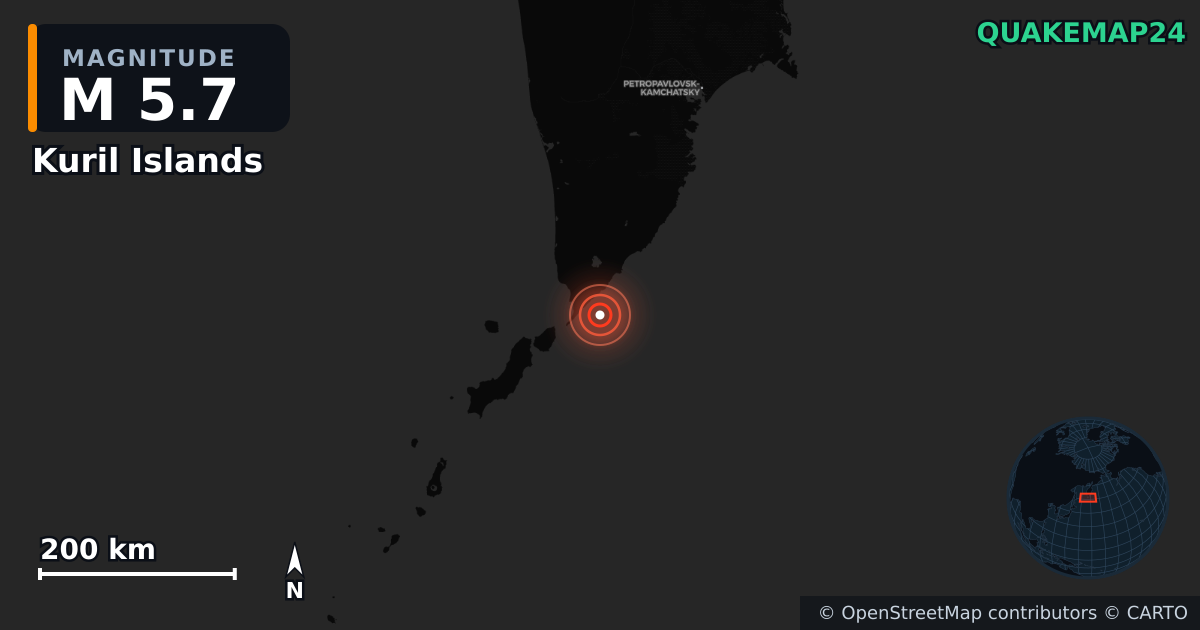 M5.7 earthquake near Kuril Islands on May 17, 2026 — map of epicenter and shaking intensity | QuakeMap24
