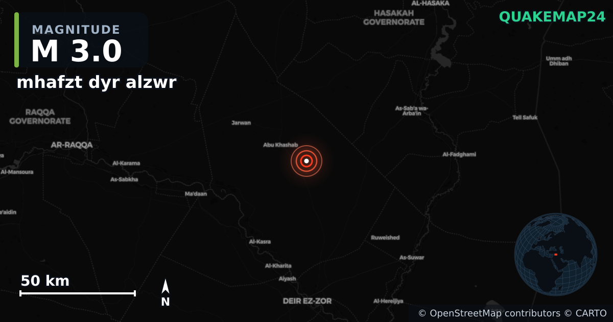 M3.0 earthquake near mhafzt dyr alzwr on Aug 7, 2025 — map of epicenter and shaking intensity | QuakeMap24
