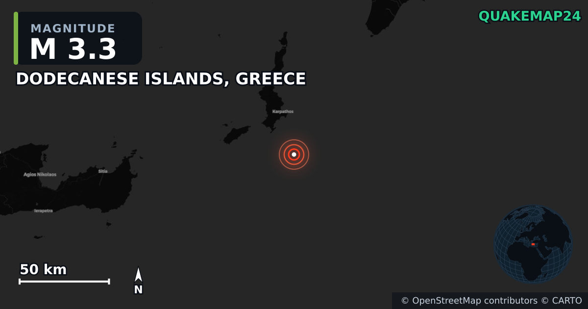 Erdbeben M3,3 bei DODECANESE ISLANDS, GREECE · 2026-09-13 — Karte der Lage des Epizentrums