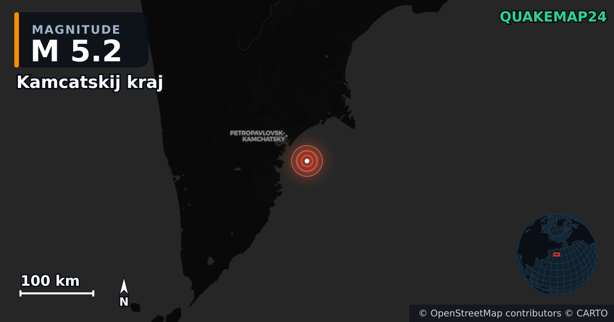 M5.2 earthquake near Kamcatskij kraj on Nov 3, 2025 — map of epicenter and shaking intensity | QuakeMap24
