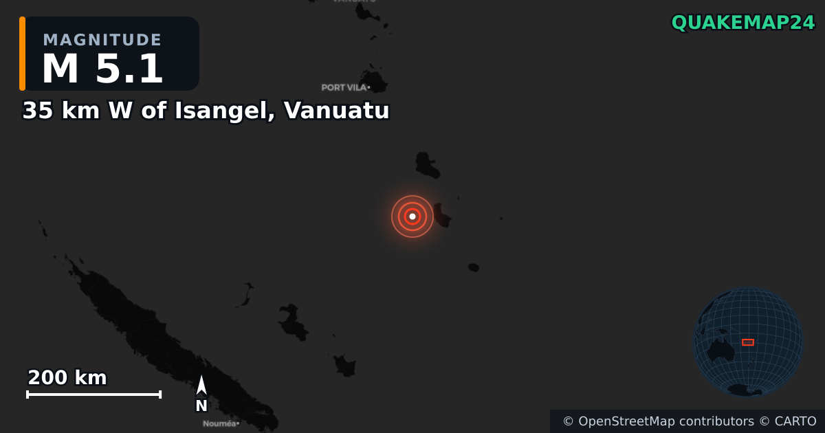 M5.1 earthquake near 35 km W of Isangel, Vanuatu on Feb 21, 2025 — map of epicenter and shaking intensity | QuakeMap24