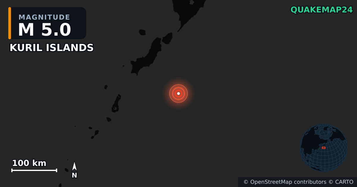 M5.0 earthquake near KURIL ISLANDS on Aug 4, 2025 — map of epicenter and shaking intensity | QuakeMap24
