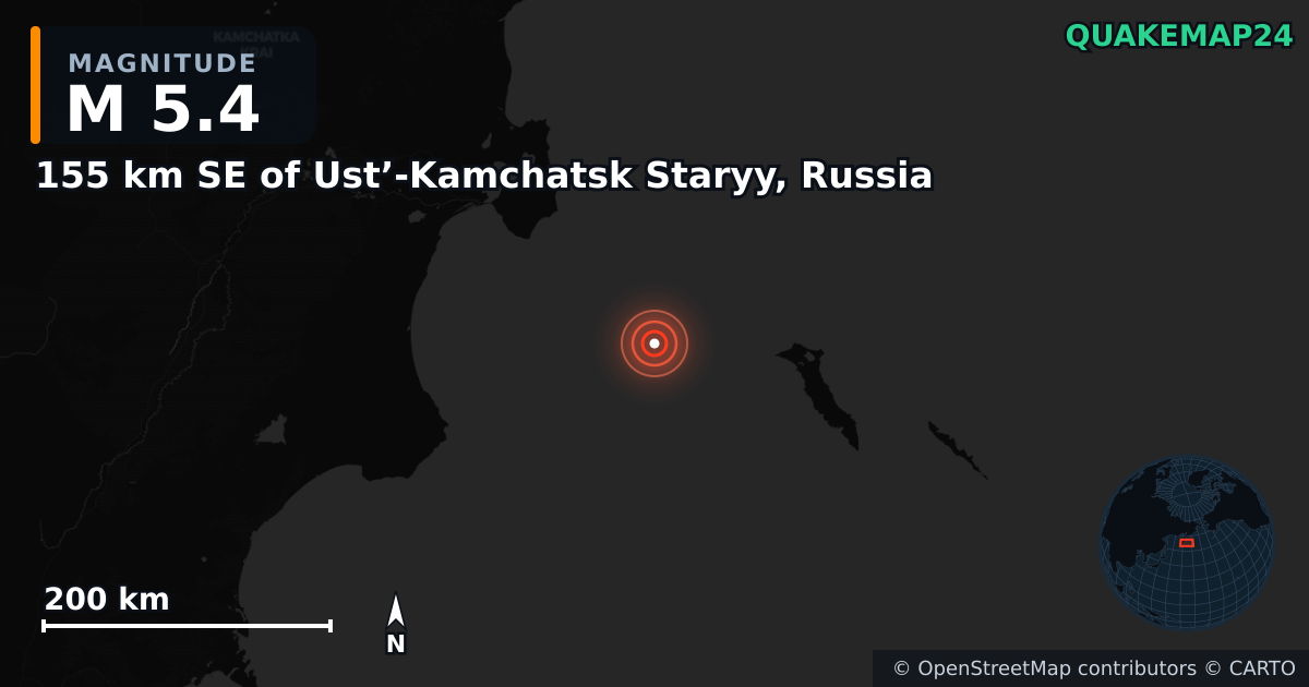 M5.4 earthquake near 155 km SE of Ust’-Kamchatsk Staryy, Russia on Apr 18, 2025 — map of epicenter and shaking intensity | QuakeMap24