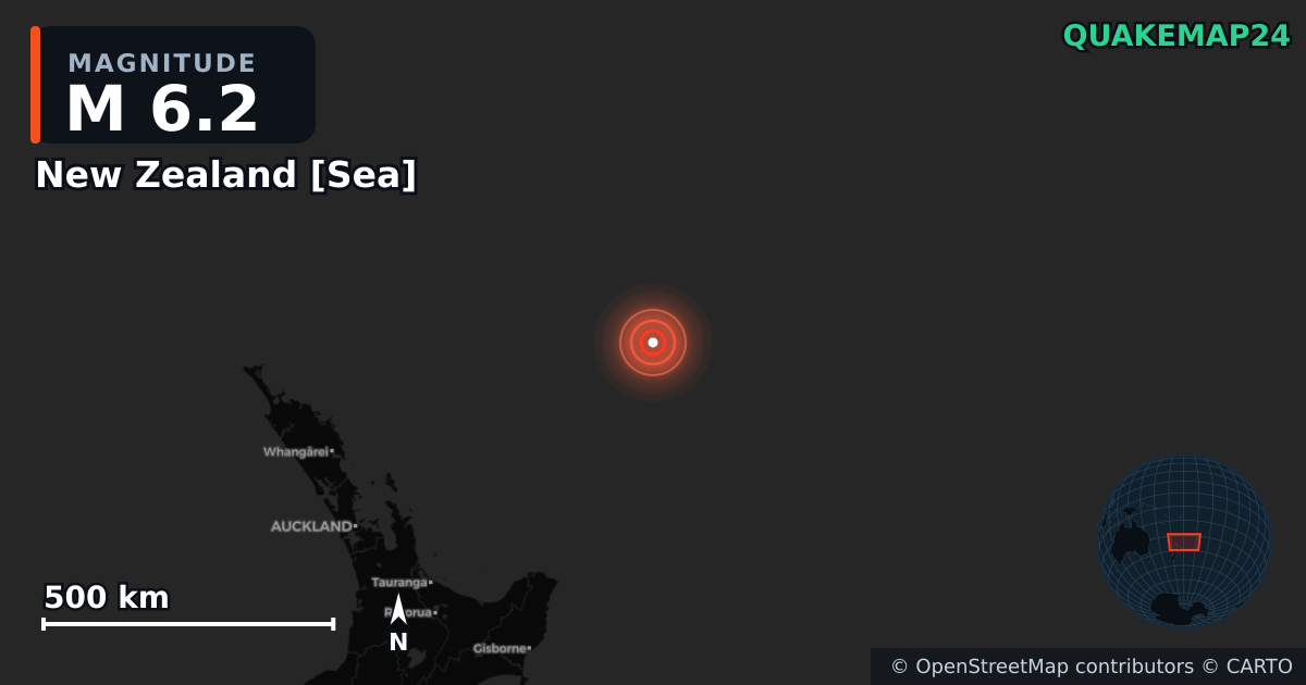 M6.2 earthquake near New Zealand [Sea] on Aug 5, 2026 — map of epicenter and shaking intensity | QuakeMap24