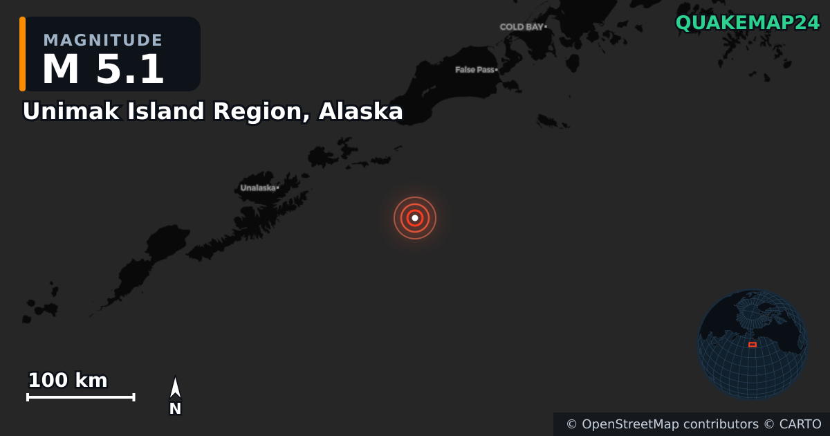 M5.1 earthquake near Unimak Island Region, Alaska on May 23, 2025 — map of epicenter and shaking intensity | QuakeMap24