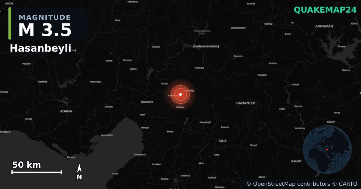 M3.5 earthquake near Hasanbeyli on Nov 20, 2025 — map of epicenter and shaking intensity | QuakeMap24