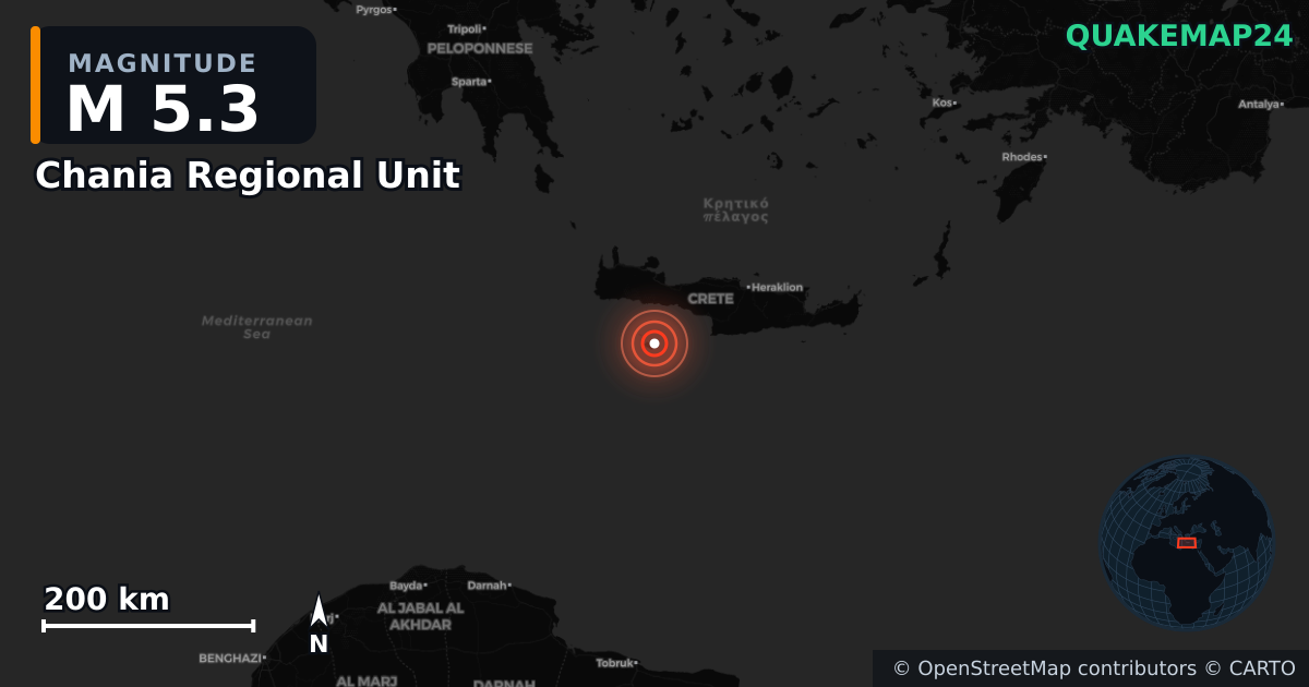 Erdbeben M5,3 bei Chania Regional Unit, Region of Crete (Griechenland) · 2026-06-20 — Karte der Lage des Epizentrums
