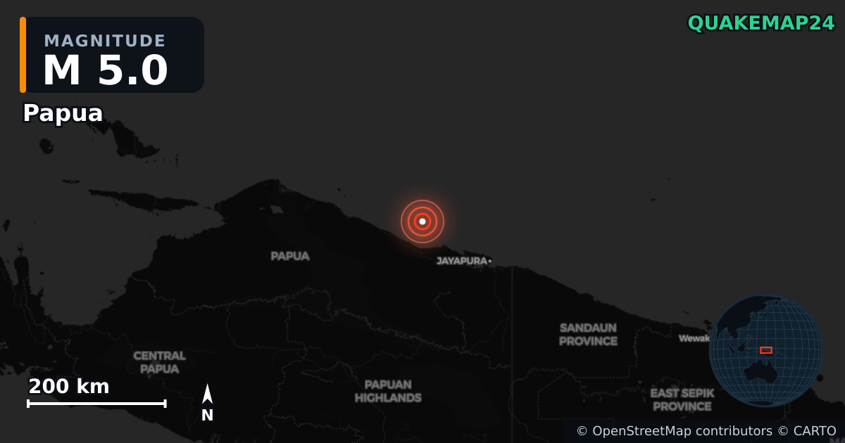 M5.0 earthquake near Papua on May 28, 2025 — map of epicenter and shaking intensity | QuakeMap24