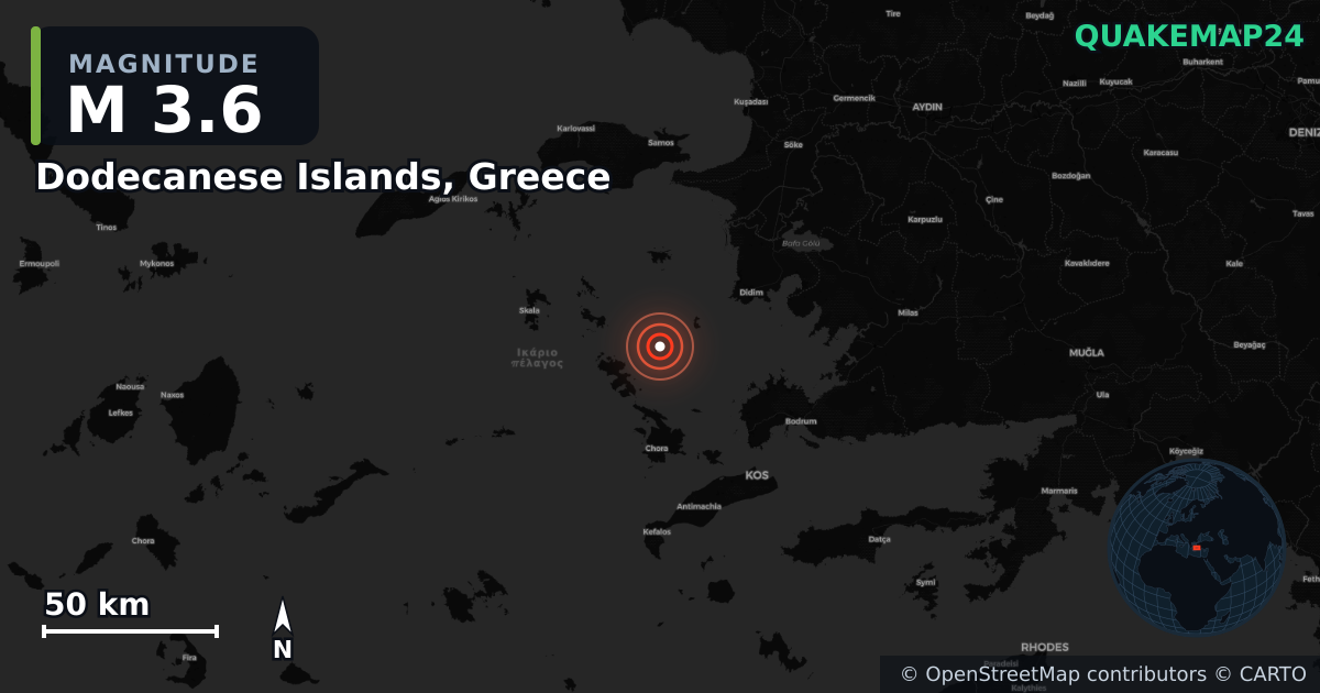 M3.6 earthquake near Dodecanese Islands, Greece on Oct 29, 2025 — map of epicenter and shaking intensity | QuakeMap24