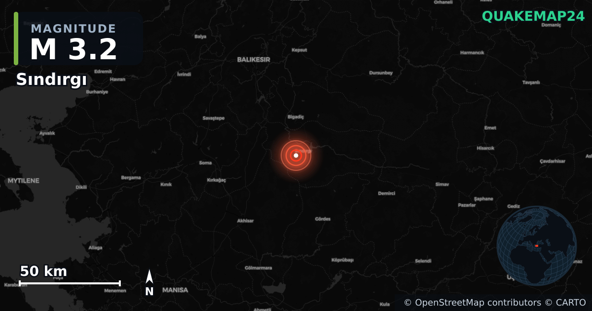 M3.2 earthquake near Sındırgı on Sep 4, 2025 — map of epicenter and shaking intensity | QuakeMap24