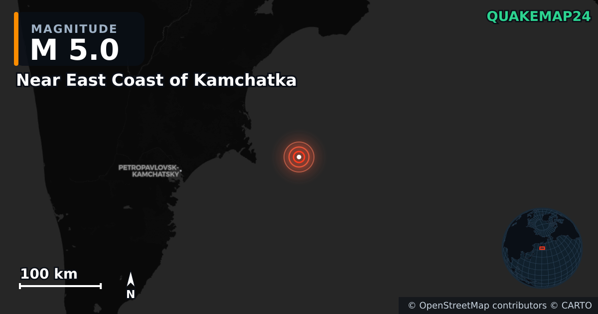 M5.0 earthquake near Near East Coast of Kamchatka on Sep 19, 2025 — map of epicenter and shaking intensity | QuakeMap24