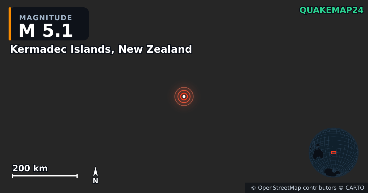 M5.1 earthquake near Kermadec Islands, New Zealand on Jan 15, 2025 — map of epicenter and shaking intensity | QuakeMap24