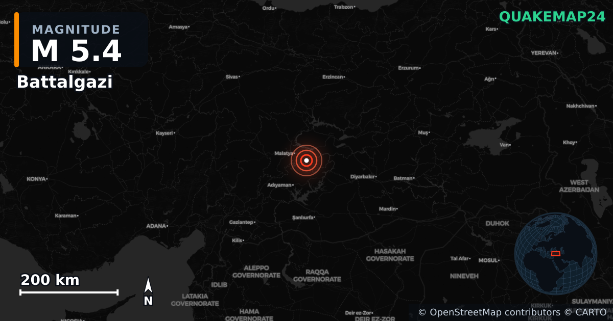 M5.4 earthquake near Battalgazi on May 20, 2026 — map of epicenter and shaking intensity | QuakeMap24