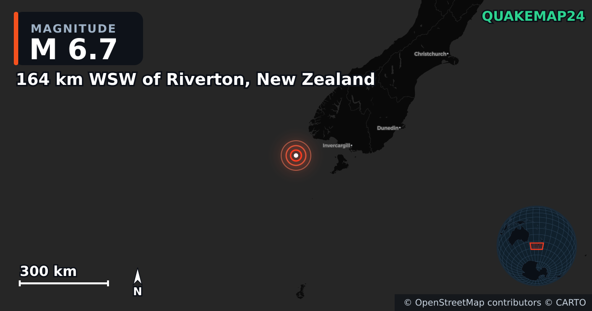 M6.7 Earthquake near 164 km WSW of Riverton, New Zealand · 2025-03-25 — Map showing the location of the epicenter