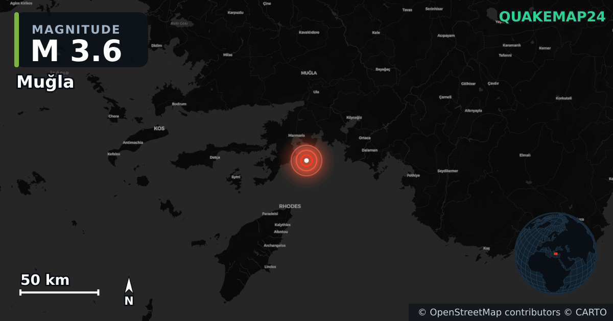 M3.6 earthquake near Muğla on Jul 29, 2026 — map of epicenter and shaking intensity | QuakeMap24