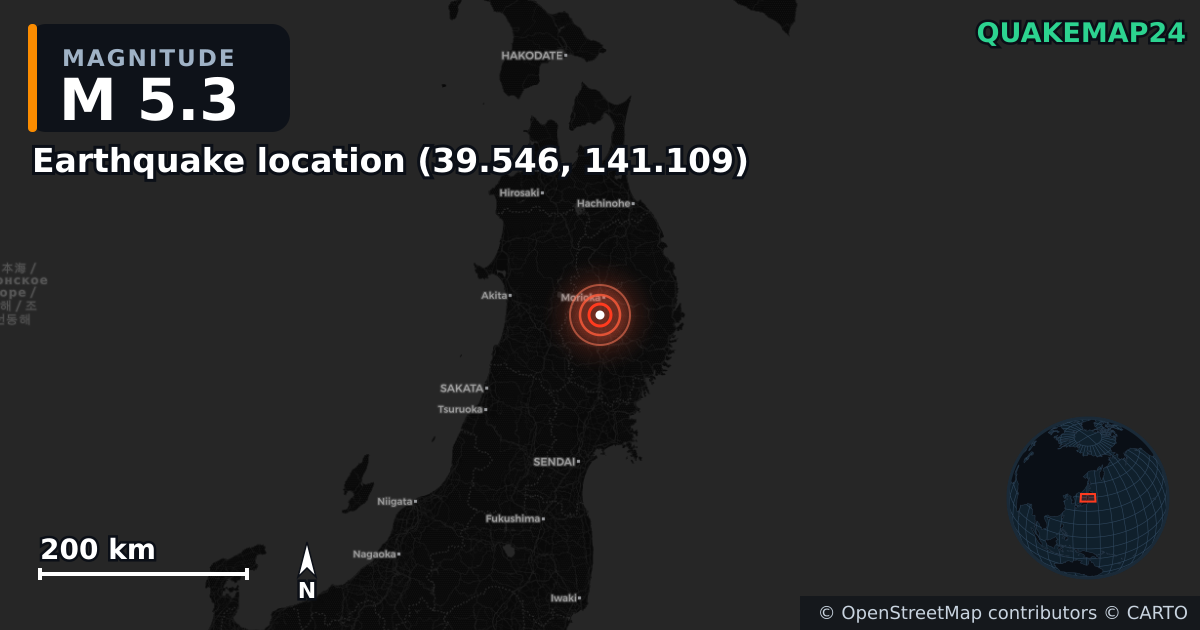M5.3 earthquake near Deprem konumu (39.546, 141.109) on Apr 20, 2026 — map of epicenter and shaking intensity | QuakeMap24