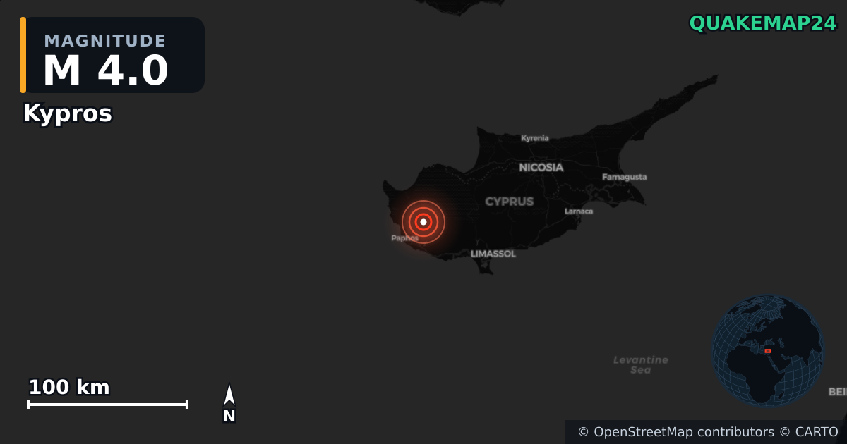 M4.0 earthquake near Kypros on Nov 13, 2025 — map of epicenter and shaking intensity | QuakeMap24