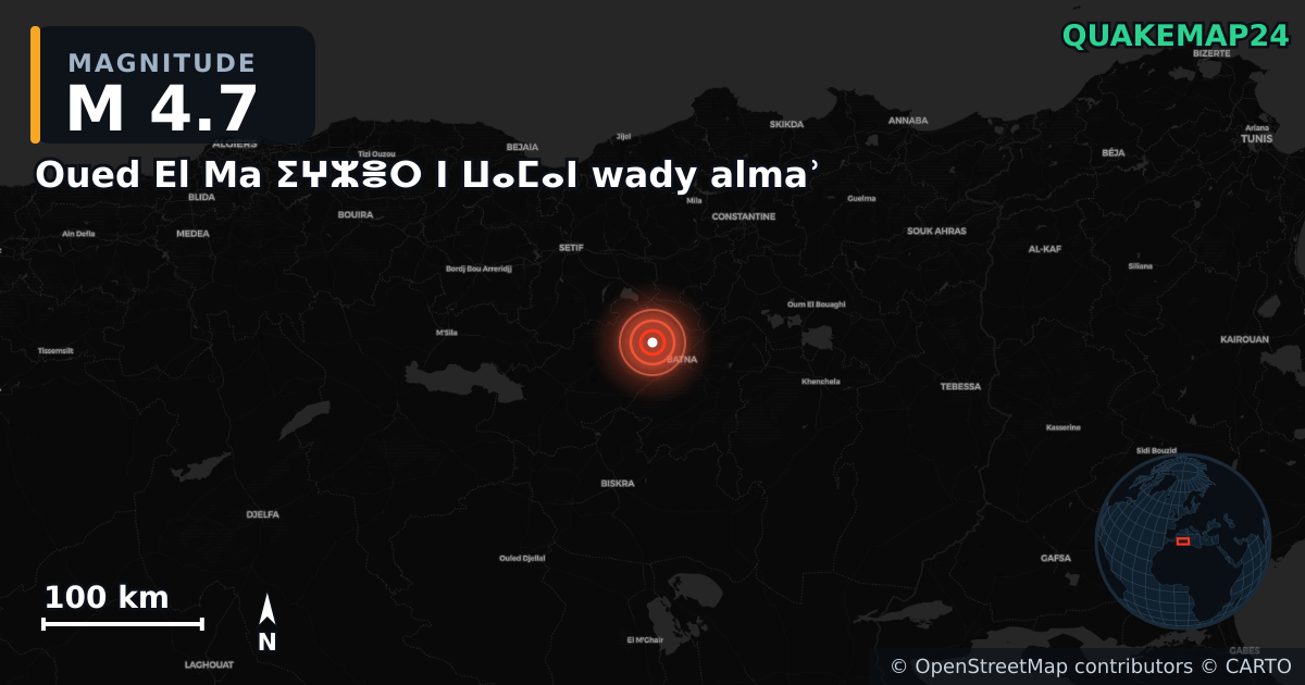 M4.7 earthquake near Oued El Ma ⵉⵖⵣⴻⵔ ⵏ ⵡⴰⵎⴰⵏ wady almaʾ on Jun 3, 2026 — map of epicenter and shaking intensity | QuakeMap24