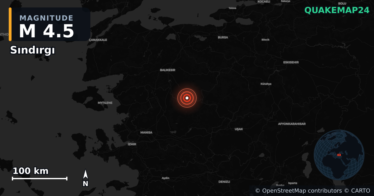 M4.5 earthquake near Sındırgı on Dec 11, 2025 — map of epicenter and shaking intensity | QuakeMap24
