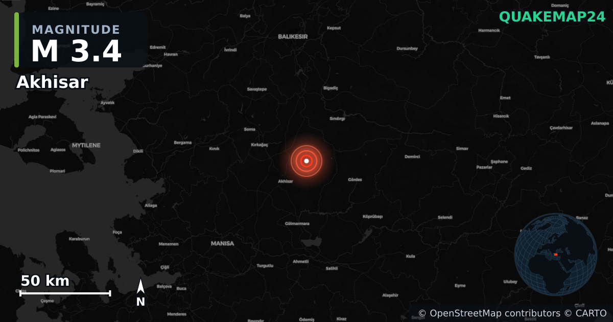 M3.4 earthquake near Akhisar on Oct 28, 2025 — map of epicenter and shaking intensity | QuakeMap24