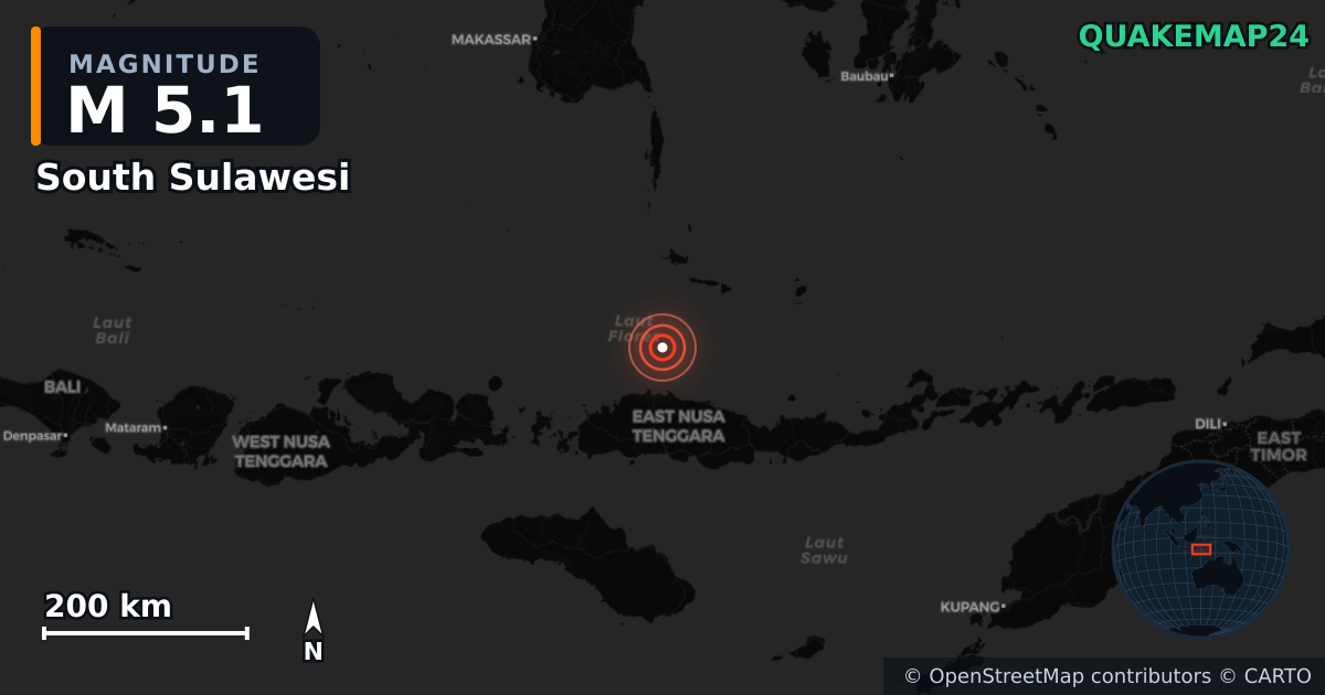 M5.1 earthquake near South Sulawesi on Aug 16, 2026 — map of epicenter and shaking intensity | QuakeMap24