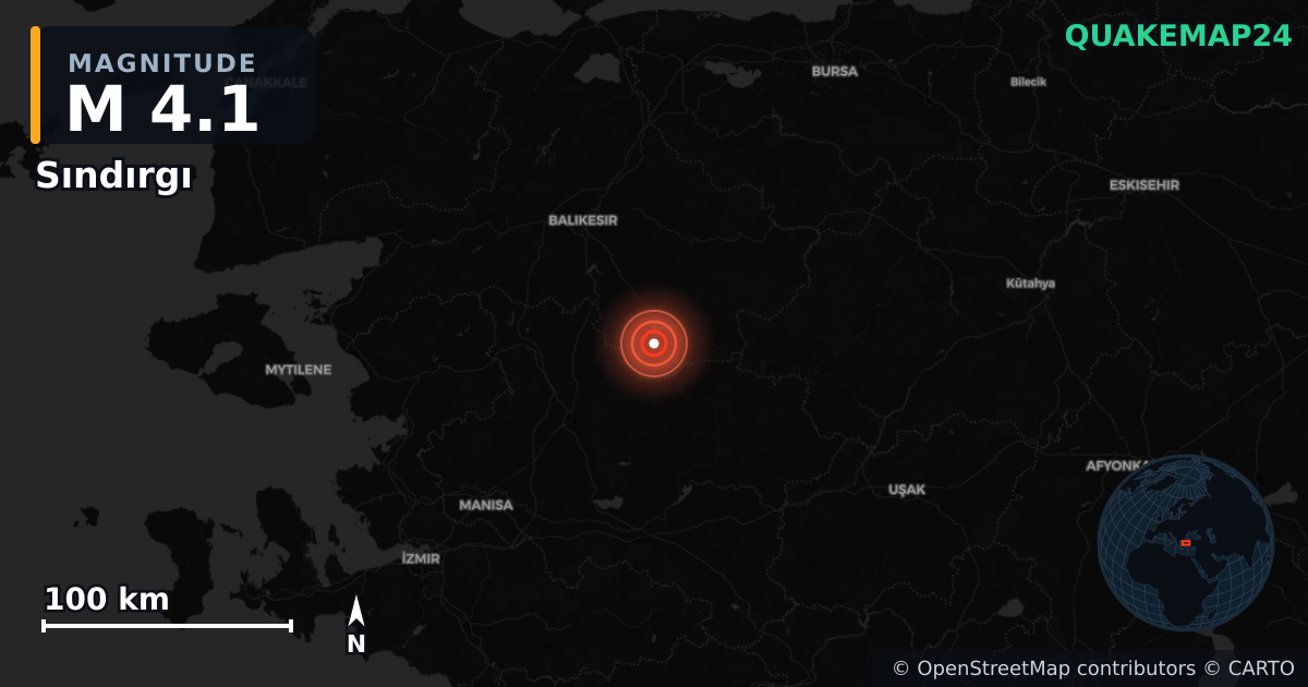 M4.1 earthquake near Sındırgı on Aug 23, 2025 — map of epicenter and shaking intensity | QuakeMap24