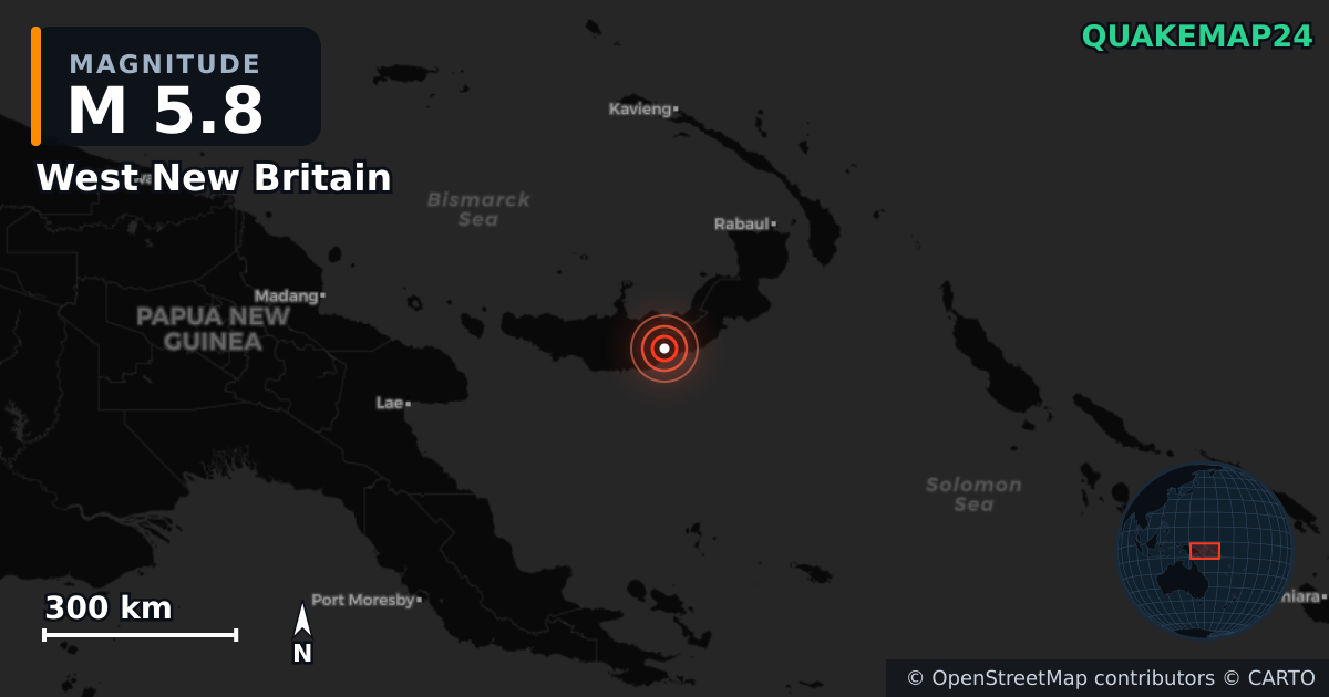 M5.8 earthquake near West New Britain on Jun 23, 2025 — map of epicenter and shaking intensity | QuakeMap24