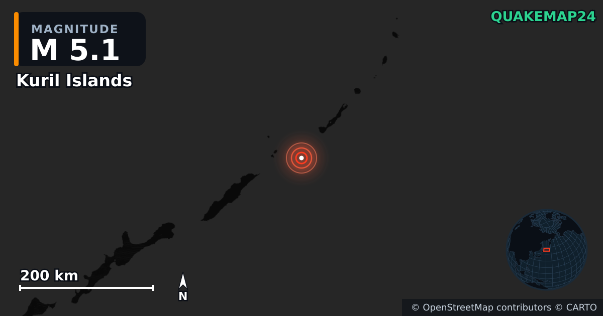 M5.1 earthquake near Kuril Islands on Aug 17, 2026 — map of epicenter and shaking intensity | QuakeMap24
