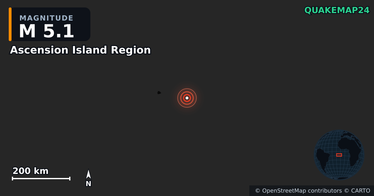 M5.1 earthquake near Ascension Island Region on Nov 29, 2025 — map of epicenter and shaking intensity | QuakeMap24
