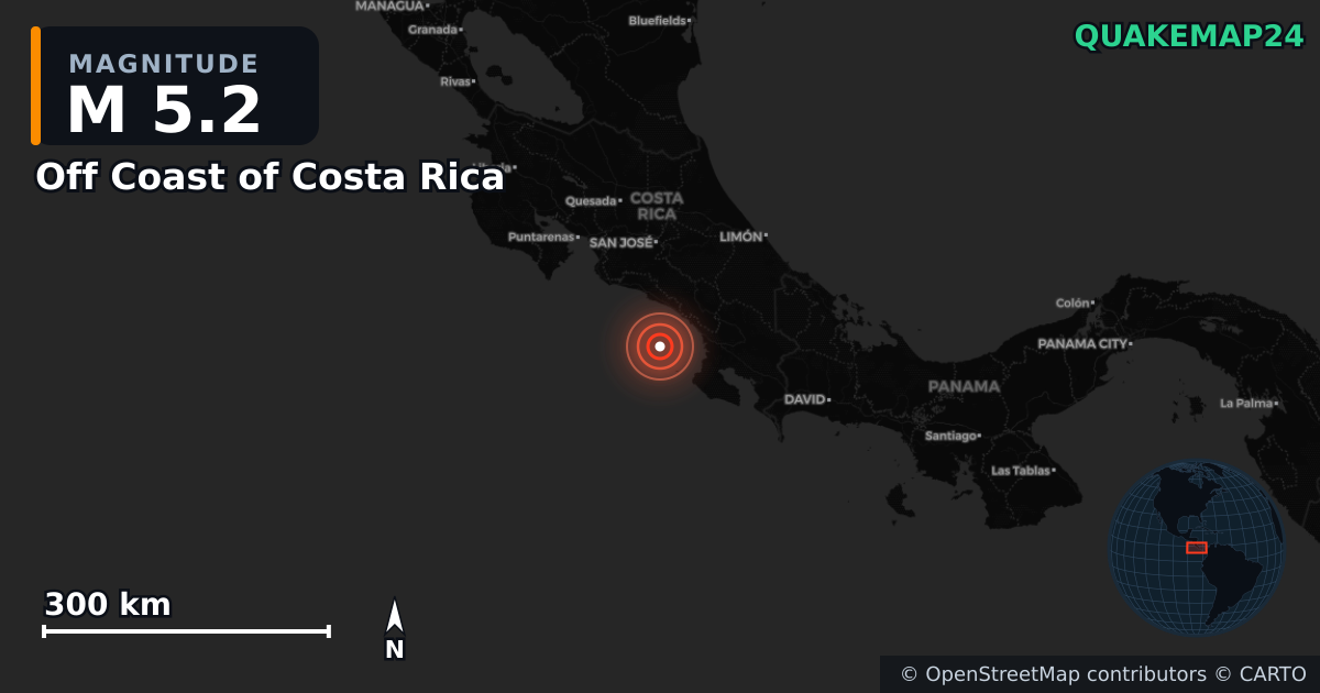 M5.2 earthquake near Off Coast of Costa Rica on Nov 22, 2025 — map of epicenter and shaking intensity | QuakeMap24